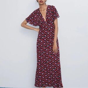 Zara Red Maxi Sundress with Plunge Neckline and Flutter Sleeves